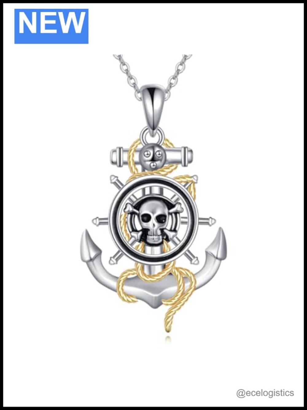 925 Sterling Silver Anchor Skull Pendant Necklace